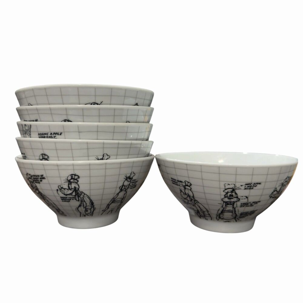 Disney Goofy Sketchbook Soup Bowls Zrike White Ceramic Character Set of 6 5.5"